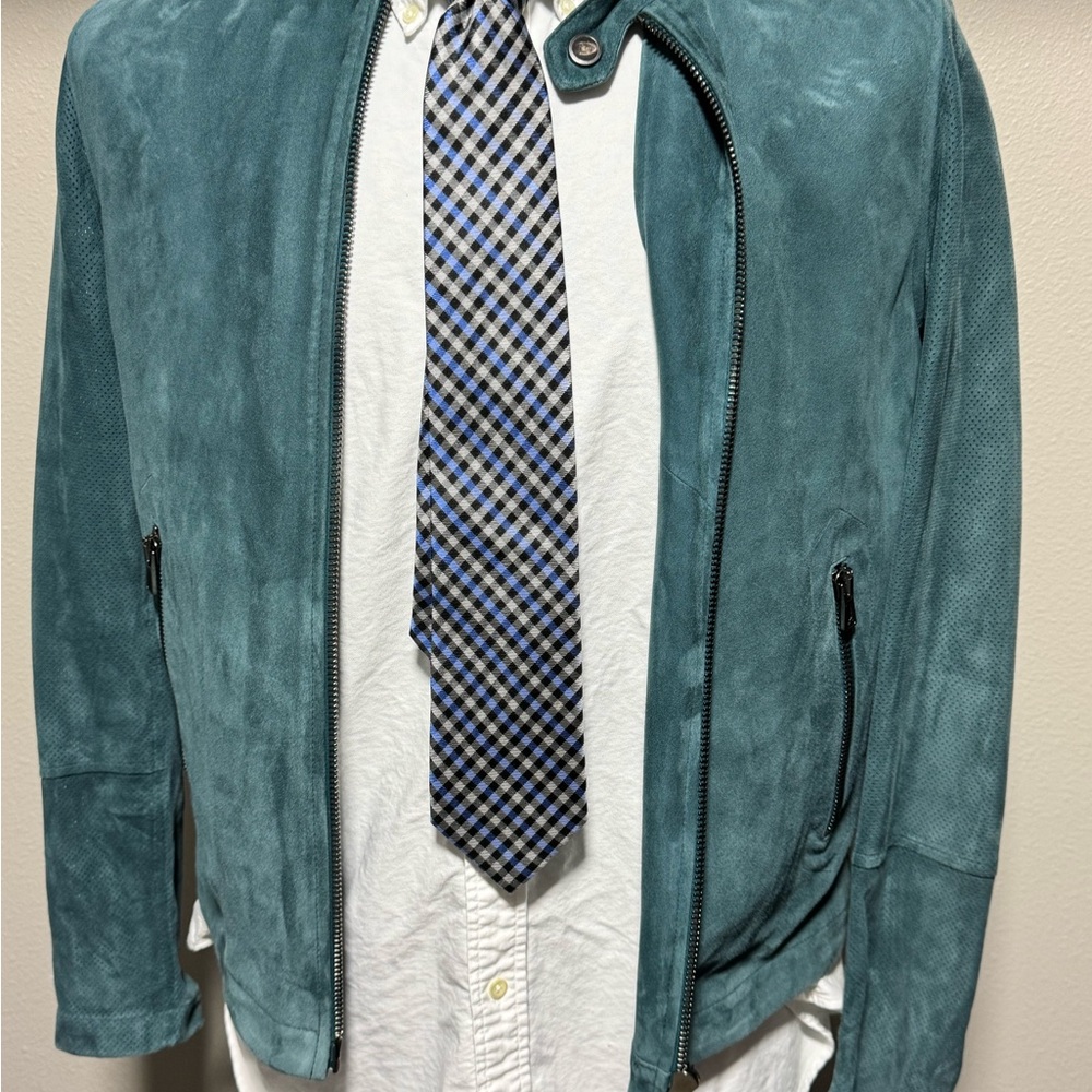Isaia Teal Suede Perforated Zip Shirt Jacket